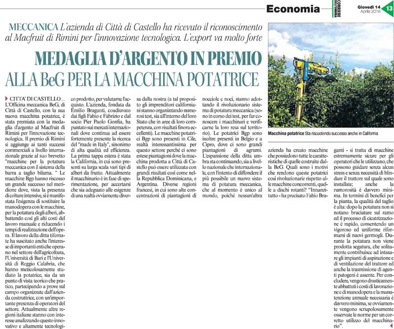 Article publié dans le quotidien Regional “Corriere Dell'Umbria” (2016)